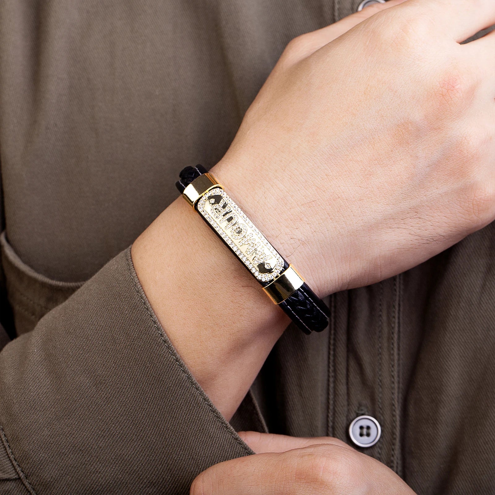 Fashion Cubic Zirconia Pave Setting Letter Bracelet For Women Men Stainless Steel Magnetic Clasp Braided Leather Luxury Bangles