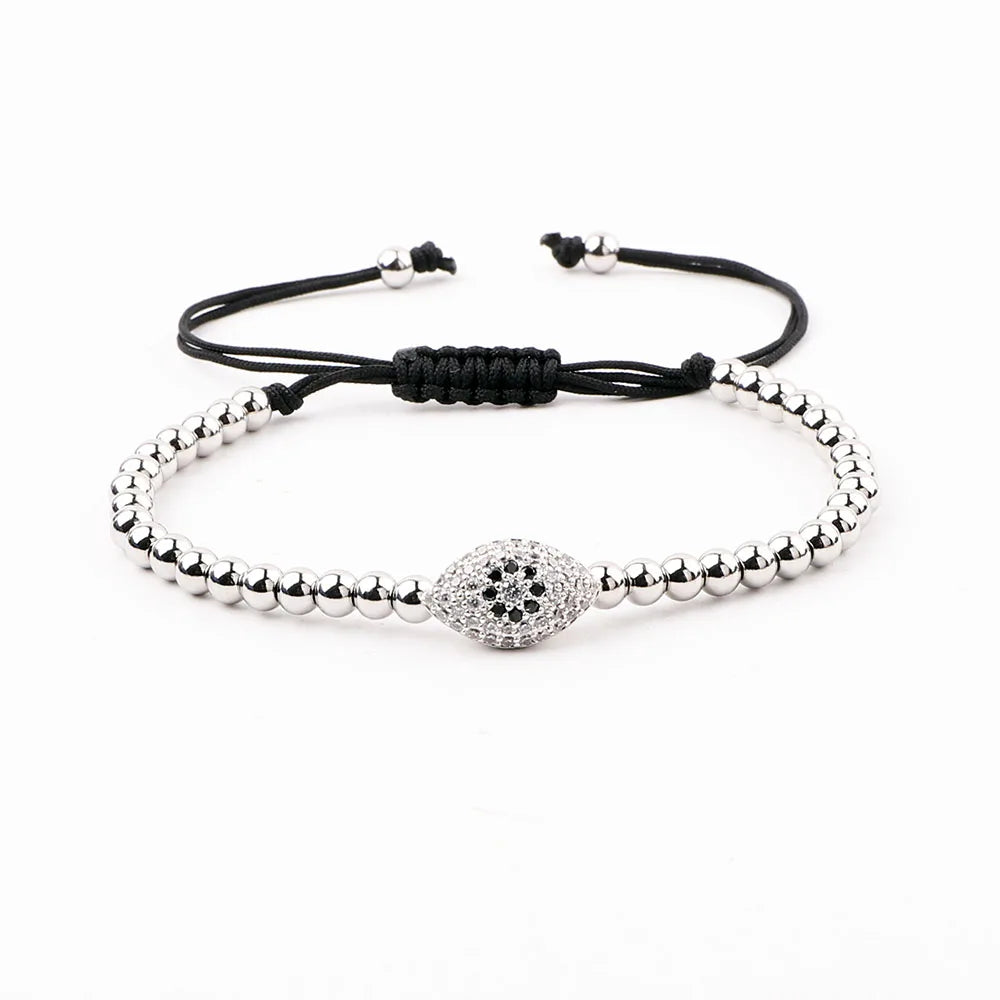 New Design CZ Evil Eye Charm Stainless Steel Beaded Macrame Adjustable Bracelet Men Women JBS12338