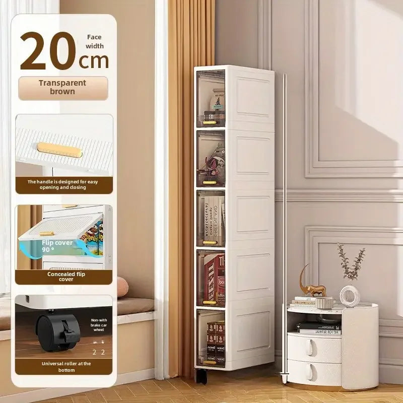 20cm Slim Storage Cabinet, 3/4/5-Tier Narrow Rolling Organizer with Wheels, Space-Saving Shelf  White Multi-Purpose Storage