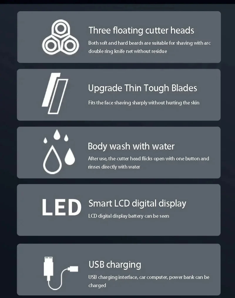New Electric Shaver LED Digital Display Three-head Floating Razor USB Rechargeable Washing Multi-function Beard Knife